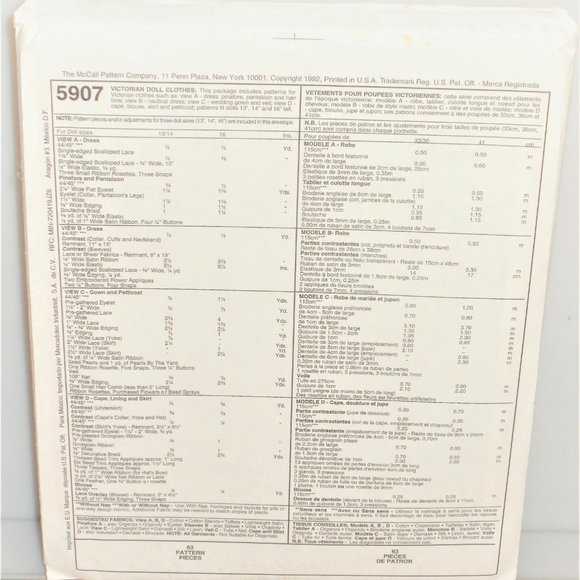 1992 McCall's Crafts VICTORIAN DOLL CLOTHS #5907 Sewing Pattern Vintage Doll - Picture 2 of 2